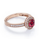 Decorative Halo 1 carat Round Lab Ruby and Diamond Milgrain Engagement Ring in White Gold
