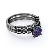 4 Prong Solitaire 1.50 Carat Round Cut Lab Grown Alexandrite and Diamond Marquise Dot Art Deco Wedding Ring Sets