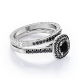 Filigree Scalloped Pave 1.65 TCW Princess Cut Lab Created Black Diamond Double Halo Style Wedding Ring Set in White Gold