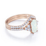 Chevron Pave Set 1.55 Carat Hexagon Cut White Fiery Opal And Diamond V Shaped Wedding Ring Set In Black Gold