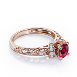 Unique Four Prong 1.15 Carat Round Cut Lab-Created Ruby And Diamond Art Deco Engagement Ring In White Gold