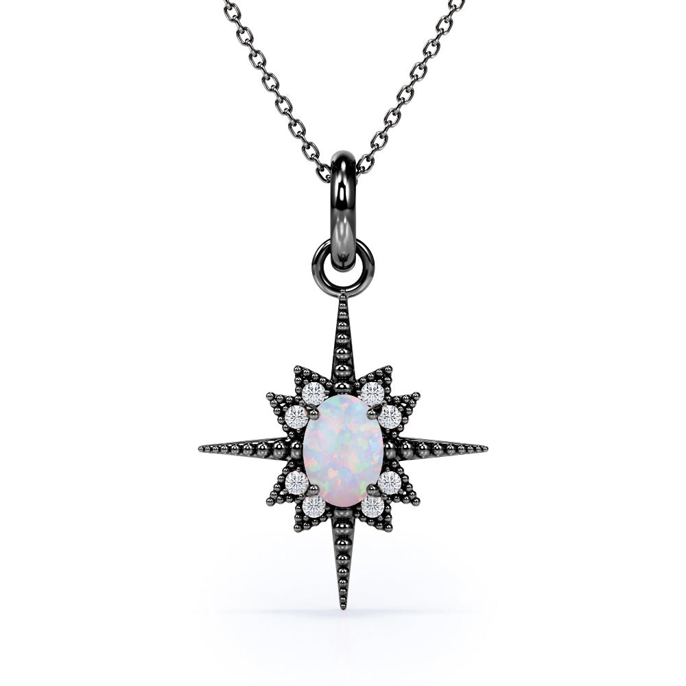 Beaded Star Halo 1.10 Carat Oval Cut Genuine Opal And Diamond Four Prong Pendant Necklace In White Gold