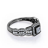 Triple Curved Pave Band - 0.5 TCW Princess Cut Diamond - Milgrain Halo-Channel Engagement Ring - 10K Black Gold