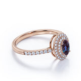 Classic Double Halo 1.50 Carat Oval Cut Simulated Blue Alexandrite and Diamond Semi Eternity Pave Engagement Ring in White Gold