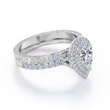 1.75 Carat Double Halo Vintage Moissanite and Diamond Pave Ring Pear Cut Milgrain Bridal Set in Rose Gold