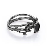 1 ct Pear Lab Black Diamond Leaf Style Bridal Set