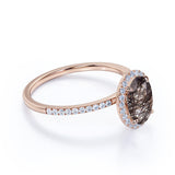 Classic Halo 1.50 Carat Oval Cut Natural Druzy Black Brown Rutilated Quartz and Diamond Pave Engagement Ring
