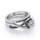 Filigree Tension-Halo 1.5 TCW Round Shape Moissanite with Lab Created Black Diamond Twisted Half Pave Wedding Set in Black Gold