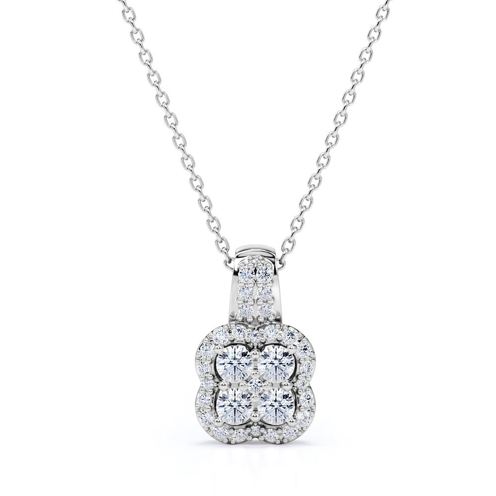 Vintage Clover 0.45 carat Round Moissanite and Diamond Pendant Necklace in 18k Rose Gold Over Silver