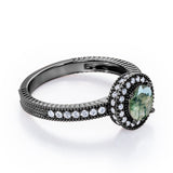 Decorative Halo 1 carat Round Moss Green Agate and Diamond Milgrain Engagement Ring in White Gold