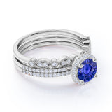 2 Carat Round Cut Sapphire and Diamond Trio Bridal Ring Set in 10k White Gold Splendid Ring