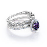 Antique Halo Hexagon 2 Carat Round Cut Lab Created Purple Alexandrite and Diamond Milgrain Pave Wedding Ring Sets - Bridal Set Rings in White Gold for Women