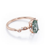 Vintage Wavy Milgrain 0.5 carat Hexagon Moss Green Agate and Diamonds Engagement Ring in Rose Gold