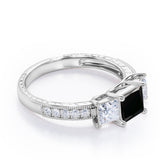 Past, Present and Future 1.25 Carat Princess Cut lab created Black Diamond Vintage Milgrain Engagement Ring In White Gold
