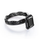 Crossover with Pave Accents - 1.75 TCW Emerald Cut Lab Created Black Diamond - Halo Bridal Ring Set in White Gold