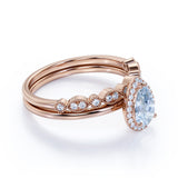 Halo 1.50 ct Pear Cut Aquamarine Vintage Bridal Set