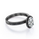 Halo Cluster 1.7 TCW Ovate Moissanite with Lab Created Black Diamond Wedding Set with Pave Accents in Rose Gold