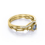 Twig Crossover 0.75 Carat Round Cut Dendritic Rutilated Quartz and Diamond Pave Bridal Set Rings