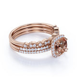 Halo 2 ct Cushion Morganite Vintage Trio Wedding Ring Set