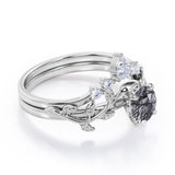 Nature Inspired 1.15 Carat Round Cut Solid Black Rutile Clear Crystal Quartz Leaf Style Five Stone Wedding Ring Set In White Gold