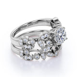 1 Carat Round Cut Diamond - Vintage - Flower - Milgrain - Engagement Ring - Wedding Set - 10K White Gold