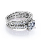 1.50 Carat Princess Cut Moissanite And Diamond Vintage Milgrain Bridal Set Ring In White Gold