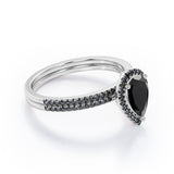 Scalloped Pave - 1.75 TCW Pear Shaped Lab Created Black Diamond - Halo Design Bridal Set in White Gold
