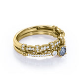 Vintage Milgrain 0.65 Carat Round Cut Genuine Salt and Pepper Diamond Three Stone Wedding Ring Set In White Gold