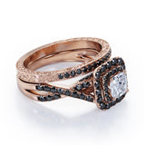 Filigree Twisted Pave 1.75 TCW Princess Cut Moissanite with Lab Created Black Diamond Rounded Square Double Halo Bridal Set in Rose Gold