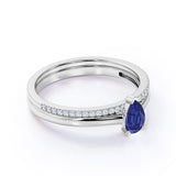 Classic Prong Solitaire 2 Carat Pear Cut Sapphire and Diamond Pave Wedding Ring Set in White Gold