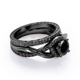 Filigree Tension-Halo 1.5 TCW Round Shape Lab Created Black Diamond Twisted Half Pave Wedding Set in White Gold