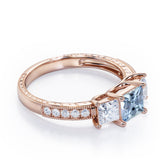 Trilogy 1.25 Carat Princess Cut Aquamarine And Diamond Three Stone Vintage Milgrain Engagement Ring In Rose Gold