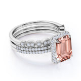 Perfect 2 Carat emerald cut Morganite and Diamond Trio Wedding Ring Set in Rose Gold