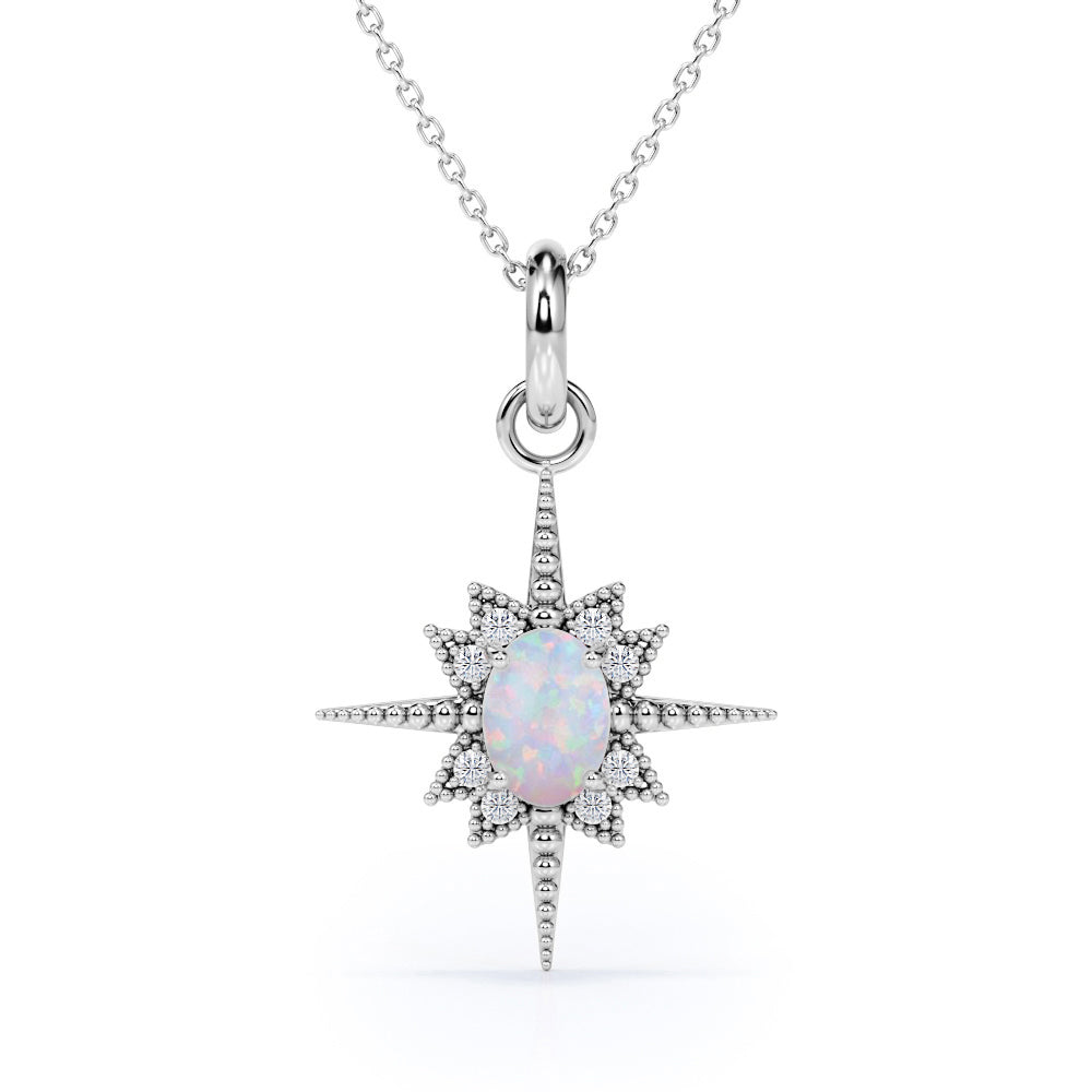 Beaded Star Halo 1.10 Carat Oval Cut Genuine Opal And Diamond Four Prong Pendant Necklace In White Gold