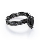 1.75 TCW Pear Shape Lab Created Black Diamond - Pave Setting - Crossover Eternity Wedding Set in White Gold