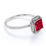 Delicate 1.50 Carat Princess Cut Lab Ruby and Diamond Halo Engagement Ring in White Gold