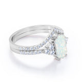 Chevron Pave Set 1.55 Carat Hexagon Cut White Fiery Opal And Diamond V Shaped Wedding Ring Set In Black Gold