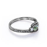 Bypass Three Stone 1.75 Carat Round Cut Milky White Scenic Moss Green Agate and Diamond Channel Set Engagement Ring for Women