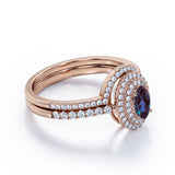 Unique Double Halo 2 Carat Oval Cut Artificial Blue Alexandrite with Diamond Semi Eternity Band Wedding Ring Sets in Rose Gold for Her