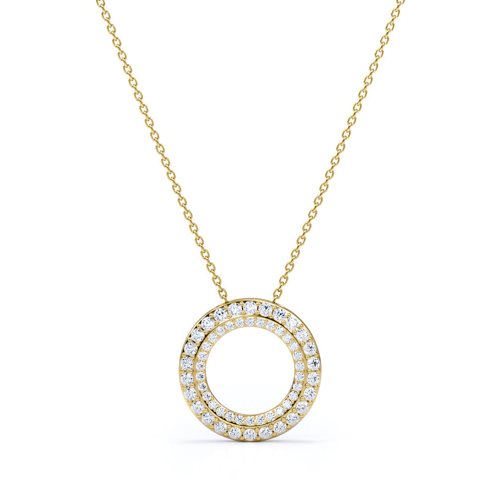 Pave 0.50 Carat Round Cut Moissanite Double Circle Pendant Necklace In White Gold
