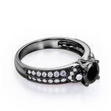 Simple Four Prong 1.50 Carat Round Cut Black Diamond Vintage Milgrain Multi Row Engagement Ring In Rose Gold