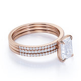1.75 Carat emerald cut Moissanite and Diamond Trio Wedding Ring Set in 10k Rose Gold