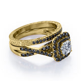 Filigree Twisted Pave 1.75 TCW Princess Cut Moissanite with Lab Created Black Diamond Rounded Square Double Halo Bridal Set in Rose Gold