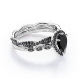 Eternity Crossover 1.75 TCW Pear Shaped Lab Created Black Diamond Halo-Vintage Style Wedding Ring Set in White Gold