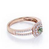 Double Halo 1.55 Carat Round Cut Green Moss Agate And Diamond Split Shank Engagement Ring In White Gold