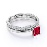Plain Shank 2 Carat Princess Cut Lab Ruby Bridal Set with Diamond Infinity Wedding Band in White Gold