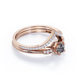 Modern Exquisite Art Deco 1.75 Carat Round Cut Genuine Dendritic Black Rutilated Quartz and Diamond Half Eternity Curved Band Wedding Ring Sets