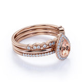 Art Deco 1.75 Carat Pear Shape Peach Morganite and Diamond Trio Wedding Ring Set in Rose Gold