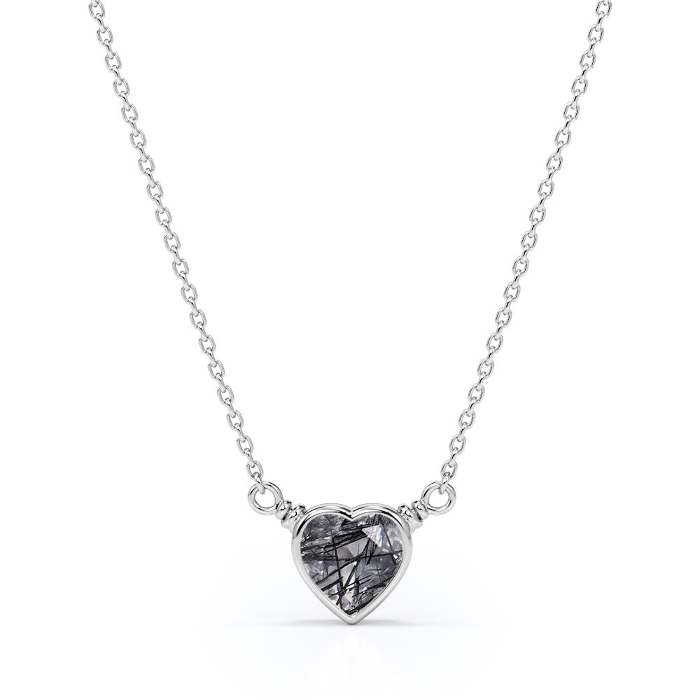 Solitaire 0.5 Carat Heart Shaped Natural Druzy Black Rutile Quartz Bezel Set Pendant Necklace In Black Gold