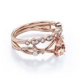 1.35 Carat pear cut Morganite and Diamond Halo art deco Wedding Ring Set in Rose Gold